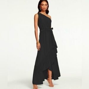 Ramy Brook Black One-Shoulder Maxi Dress With Ruffles & Slit